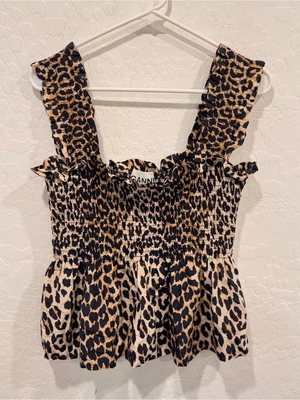 Ganni Leopard Smocked Camisole Black Tan Womens 38 6 Silk Cotton Square Neckline